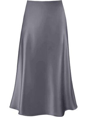 Women's Grey Polyester Elastane Satin A Line Silk Long Skirt